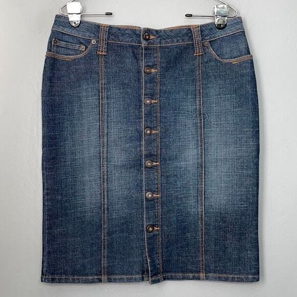 Apt 9 Womens Size 12 Blue Jean Straight Stretch Button Up Denim Skirt Western - Picture 1 of 9
